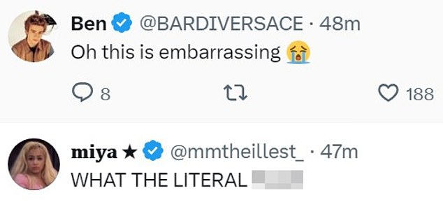 Others weren't as supportive as @BARDIVERSACE said: 'Oh this is embarrassing' and @mmtheillest said: 'WHAT THE LITERAL F**K'