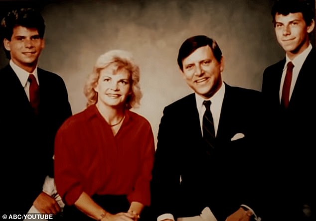 In this family photo, Lyle flanks Kitty Menendez, while Erik stands behind José Menendez