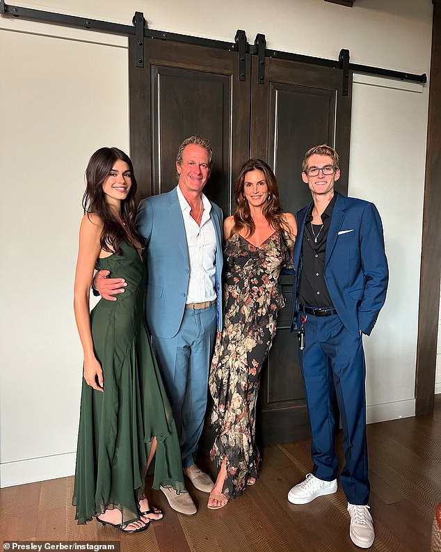 Cindy is also mother to 25-year-old son Presley Walker Gerber from her 26-year marriage to her second husband, Casamigos co-founder Rande Gerber (all pictured)