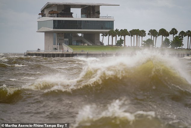 The St. Pete Pier is pictured among high winds and waves as Hurricane Helene makes its way toward the Florida Panhandle, west of Tampa Bay, September 26, 2024