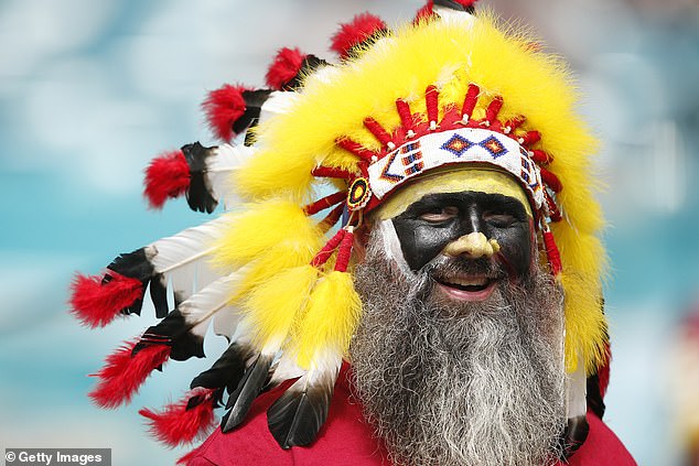 A Washington Redskins fan looks on prior to the 2019 game against the Miami Dolphins