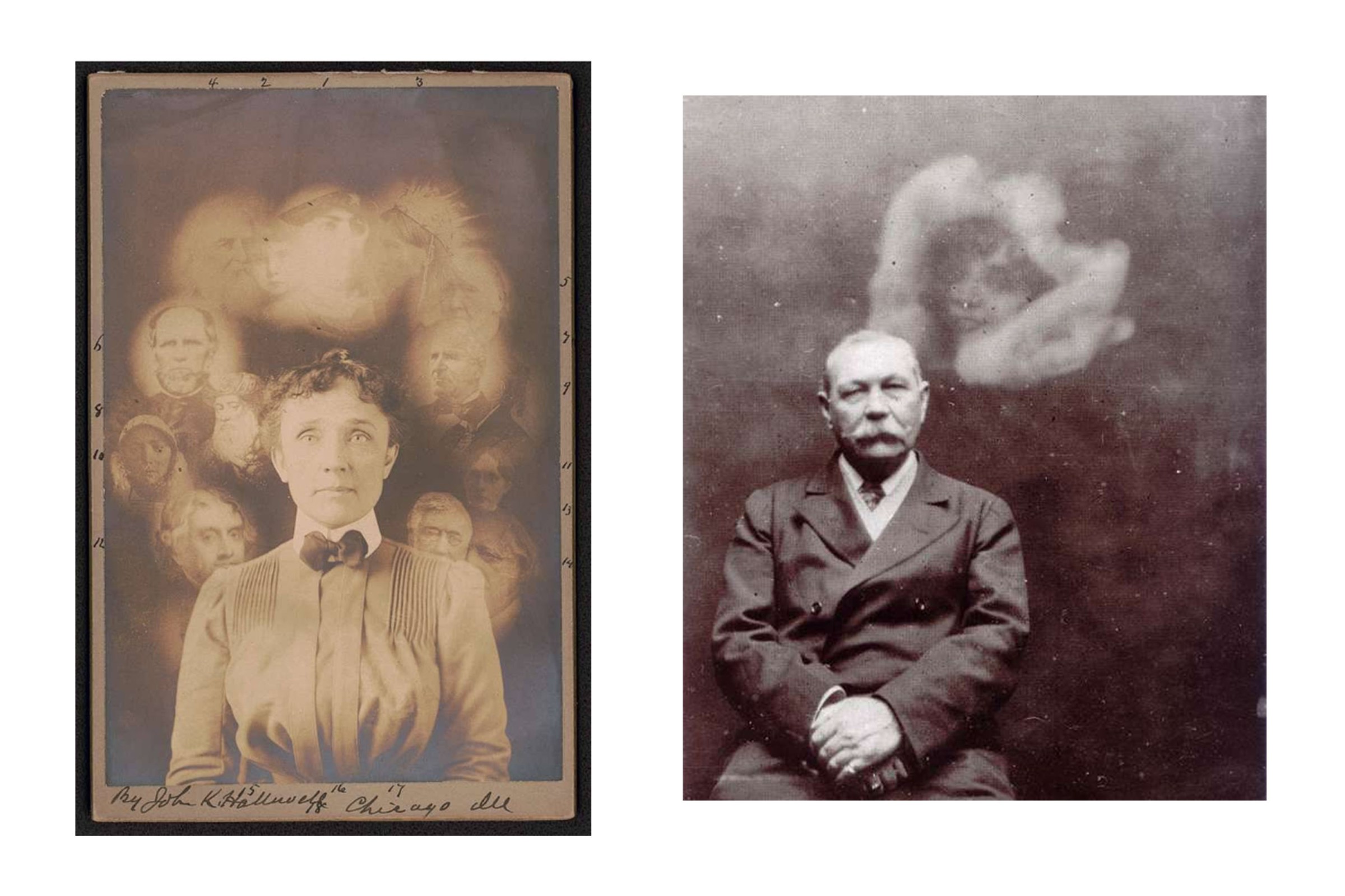 A pair of older, sepia-toned photographs of two people from the Georgian-English period with spectral images behind them.