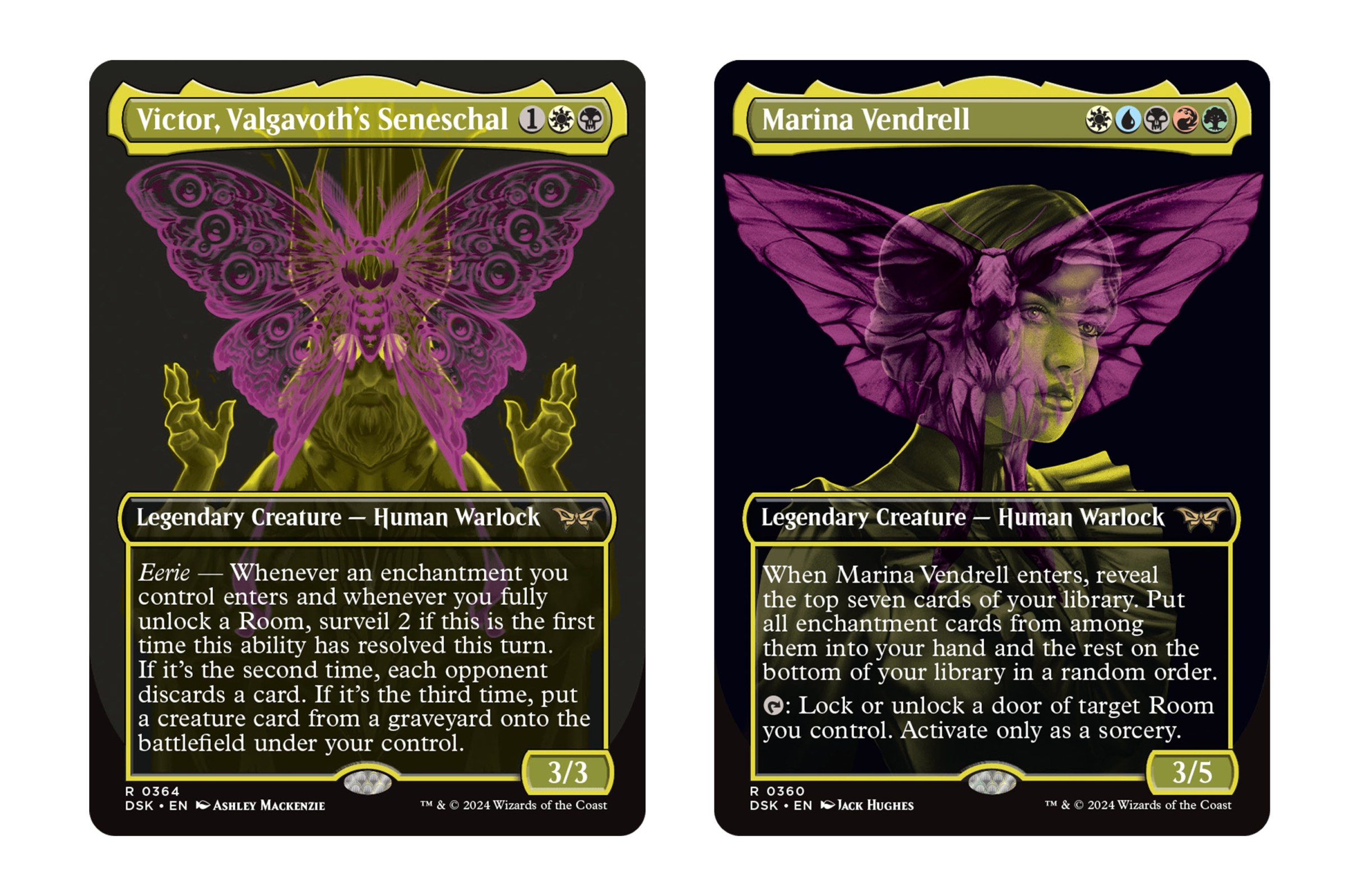 Victor, Valgovoth's Seneschal and Marina Vendrell in their double exposure art treatments, in yellow and purple.