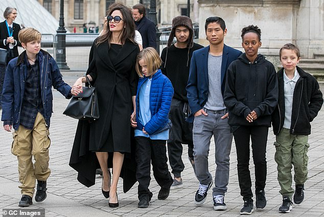 They had three biological children — Shiloh, 18, and twins Knox and Vivienne, 16 — and also adopted Maddox, 22, Pax, 20, and Zahara, 19; Jolie pictured with all six children in 2018