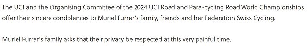 A statement from the Union Cycliste Internationale paid tribute to the teenage rider