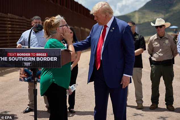 Trump speaks at a campaign event in Cochise County, Arizona, in August. Sheriff Dannels is seen in the photo above, standing at right wearing a hat