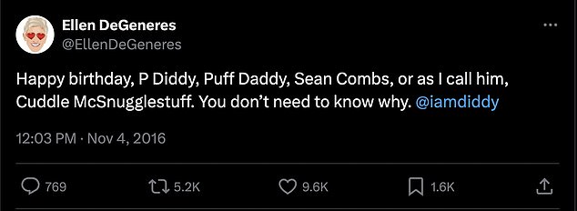 A 2016 tweet from the comedian, 66, has been circulating on X (formerly Twitter) in recent days, in which she called Diddy “Cuddle McSnugglestuff.”