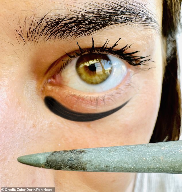 The tip of the Kohl stick is still black from the last time it was used to apply makeup 8,200 years ago. This photo illustrates what Kohl makeup could look like