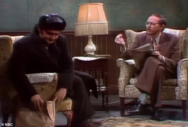 The very first sketch, titled The Wolverines, features an immigrant, played by John Belushi (left), learning English. The lead writer, Michael O'Donoghue (right), played a teacher who insisted on making Belushi repeat meaningless sentences