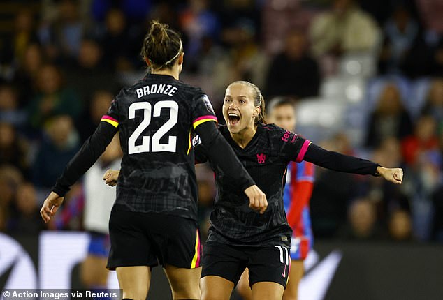 Lucy Bronze also found the back of the net against the Eagles and celebrated with Guro Reiten