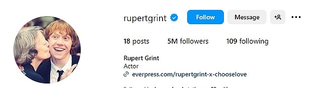 In tribute to his former co-star, Harry Potter's Rupert Grint has updated his Instagram profile photo with a sweet throwback photo of the pair