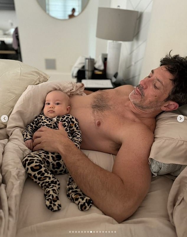 The actress, 43, added a sweet photo of her fiancé Steve Kazee snuggled up to their little girl in bed