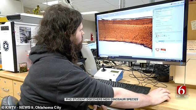 Atkins-Weltman (above) looks intently at a piece of his new 'hell chicken' dinosaur for cameramen on a local TV news crew