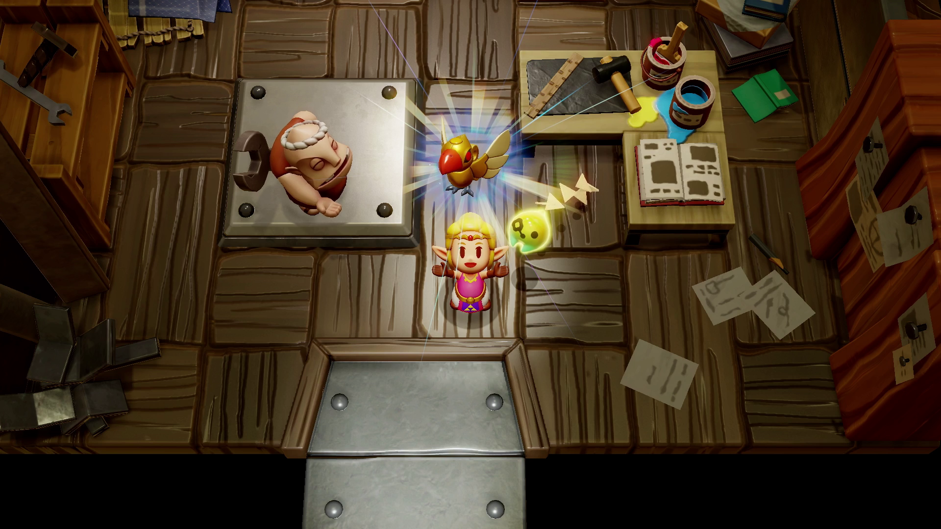 Zelda holds up a Goldfinch robot in Echoes of Wisdom.