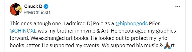 Chuck D of Public Enemy said in a post on X/Twitter: “This is a tough one. I admired Dj Polo as a @hiphopgods PEer'