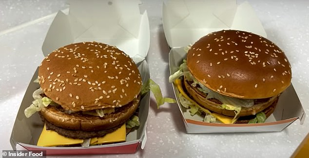 McDonald's changed the ingredients in a Big Mac burger to make the bun appear firmer, fluffier and have a more golden color. Pictured: Big Mac in 2020 (left) versus a Big Mac burger in 2024 (right)