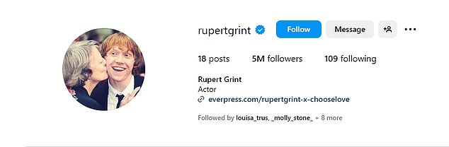 Rupert Grint, who played Ron Weasley in the Harry Potter franchise, has updated his Instagram profile photo with a sweet throwback of Maggie and himself to pay tribute to her