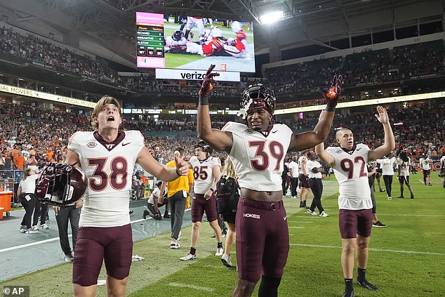 Virginia Tech players gesture after officials reveal the final touchdown was nullified