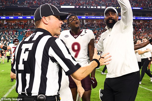 Da'Quan Felton #9 of the Virginia Tech Hokies reacts after his touchdown was nullified