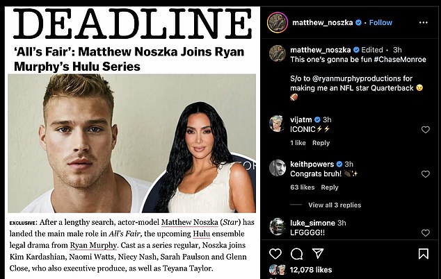 Noszka confirmed the news via Instagram and teased further details about his character