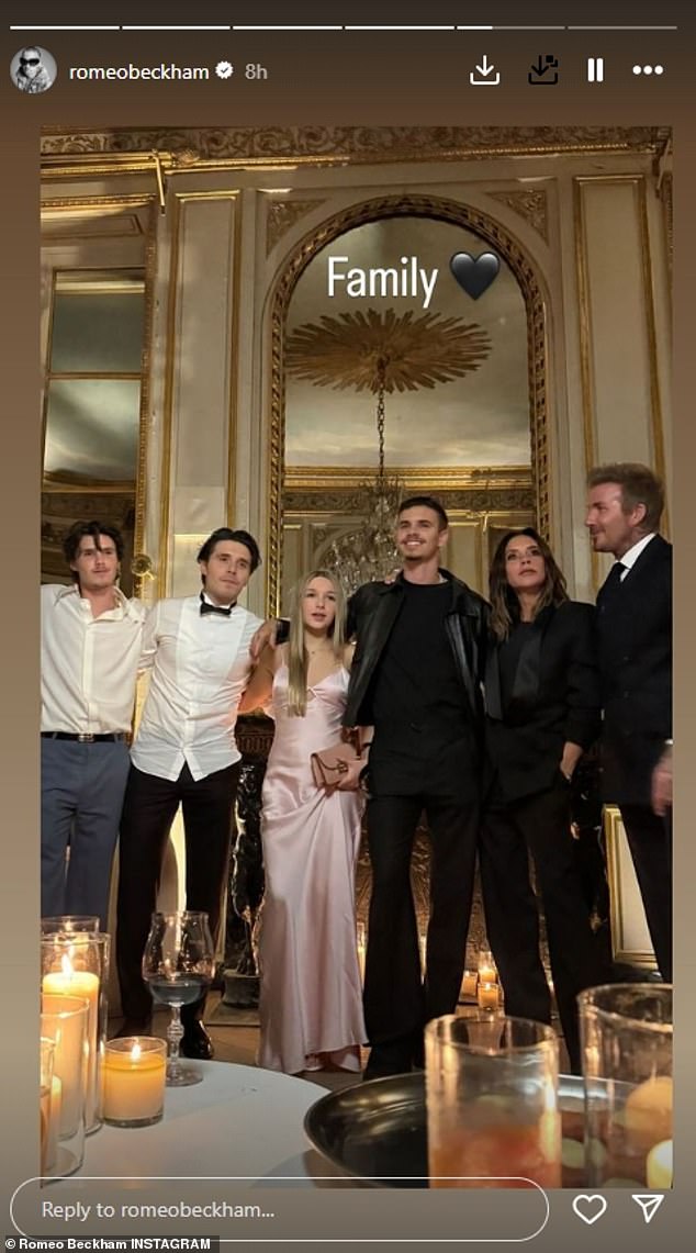 The Beckham clan was out in full force that night, led by husband David, 49, and their children Brooklyn, 25, Romeo, 22, Cruz, 19, and Harper, 13, as well as Brooklyn's wife Nicola Peltz, 29, and Cruz's girlfriend Jackie Apostle