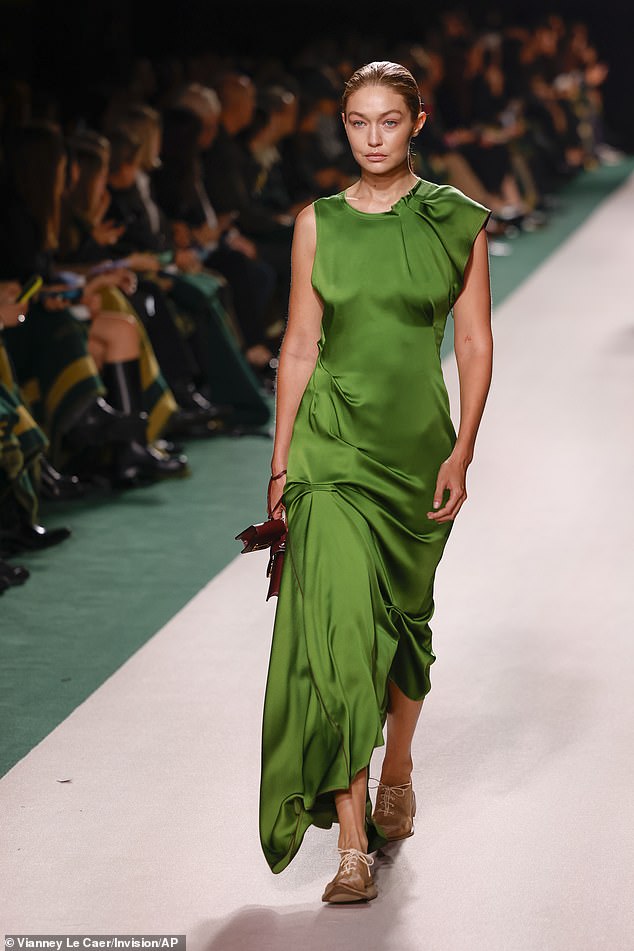 The catwalk show was led by none other than Gigi Hadid, 29, who stormed the catwalk in a beautiful green draped dress