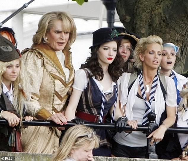 Everett in character as Miss Fritton on the set of St Trinian's 2: The Legend of Fritton's Gold with Sarah Harding and Talulah Riley