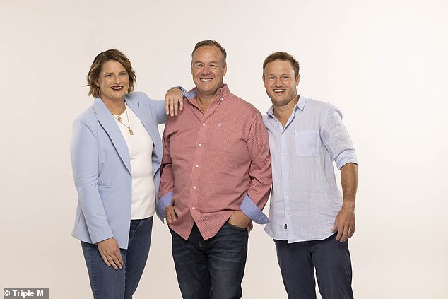 “My front tire clipped his [Cam's] rear tire and I lost control and went over the side [the road]was spat out and hit his head on the one and only steel post,” he revealed and was diagnosed with a fractured C5 vertebra. Ben (center) is pictured with Rush Hour co-hosts Leisl Jones (left) and Liam Flanagan (right)