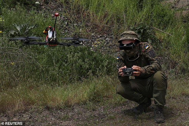 A Ukrainian Marine undergoes FPV drone flight training on May 15, 2023