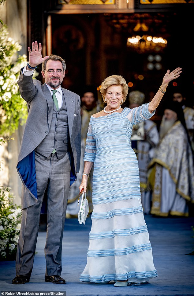 Former Queen Anne-Marie and Prince Nikolaos of Greece at the wedding of Princess Theodora of Greece and Matthew Kumar in Athens