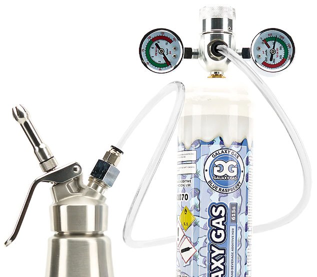 When the nitrous oxide tank is connected to a can full of cream, a whipped product is immediately created. But when not connected to food, the tanks only release the gas, which people can inhale. This photo from the Galaxy Gas website shows how to properly use the product