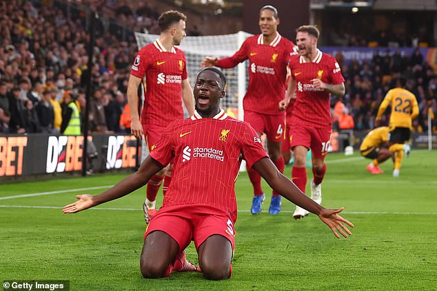 Defender Ibrahima Konate scored Liverpool's first goal before celebrating with a knee slip