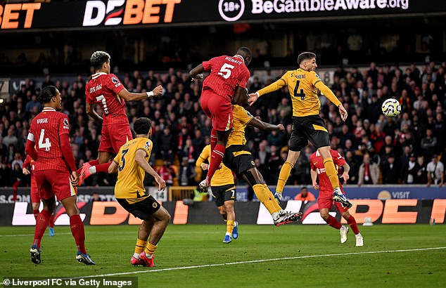 Liverpool No. 5 Konate found the net with a powerful header just before half-time