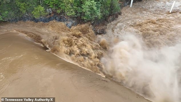 Pictured: Nolichucky Dam in East Tennessee. About a day ago the dam burst at 30,000 cubic feet of water per second