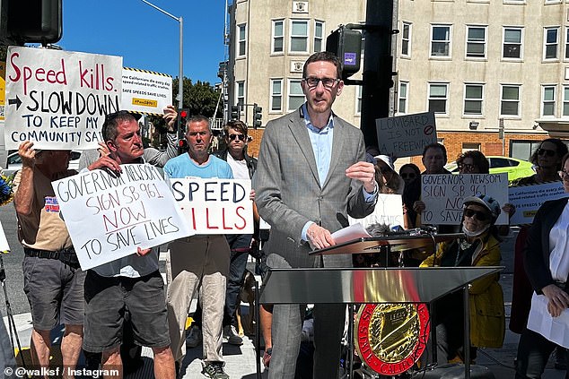 Senator Scott Wiener spoke at a press conference about Senate Bill 690, which aims to protect pedestrians while crossing the streets of San Francisco