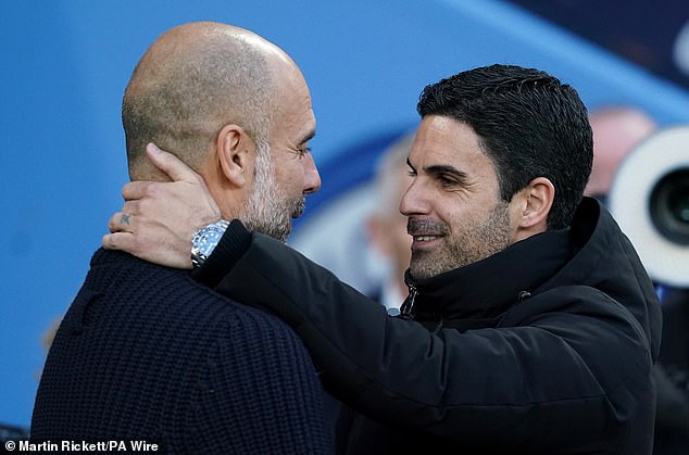 But Arteta, pictured hugging Guardiola in April last year, has since taken steps to end that 'war'