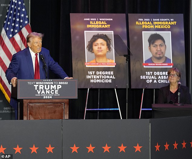 The rally stage in Wisconsin with Trump featured three mugshots of men in the US illegally charged with a crime, including Alejandro Jose Coronel Zarate, a case Trump cited in his speech.