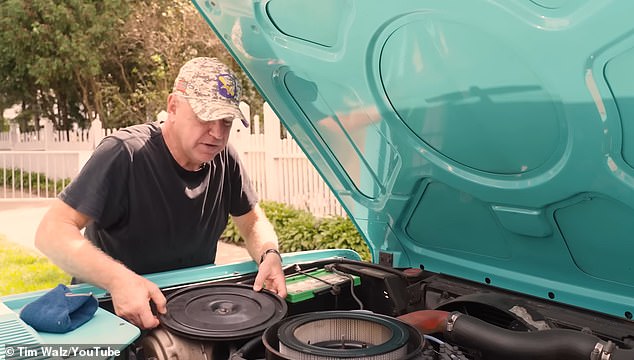 Viewers see Walz's impeccably clean hands despite him tinkering with various contraptions in the vehicle's engine