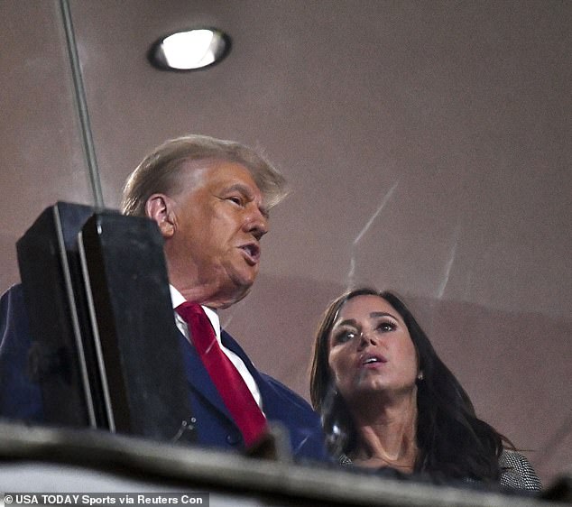 Former President and current Republican nominee for President Donald J. Trump speaks with Republican Senator Katie Britt