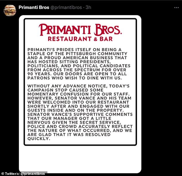 In a statement on social media, Primanti Bros said the situation was later resolved