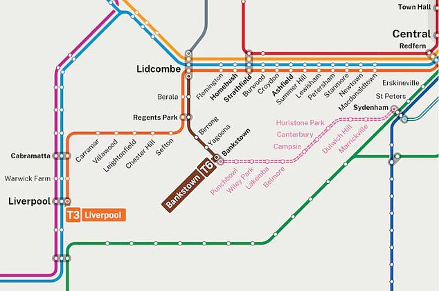 The conversion of the T3 Bankstown line (colored orange) to a subway means that all stops between Bankstown and Sydenham will be closed for a minimum of 12 months