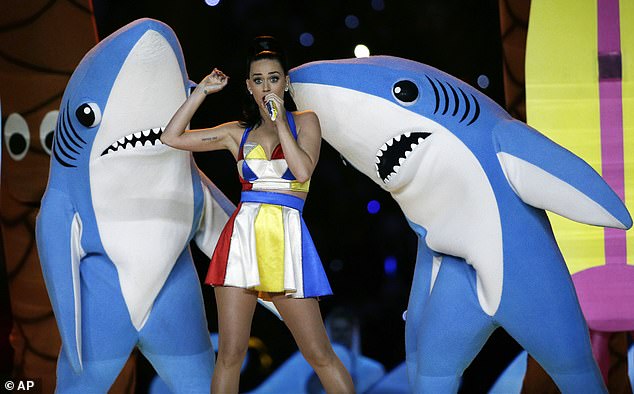 The AFL performance mirrored Katy Perry's 2015 Superbowl performance, when a dancer in a shark costume appeared to dance awkwardly next to the singer. Pictured