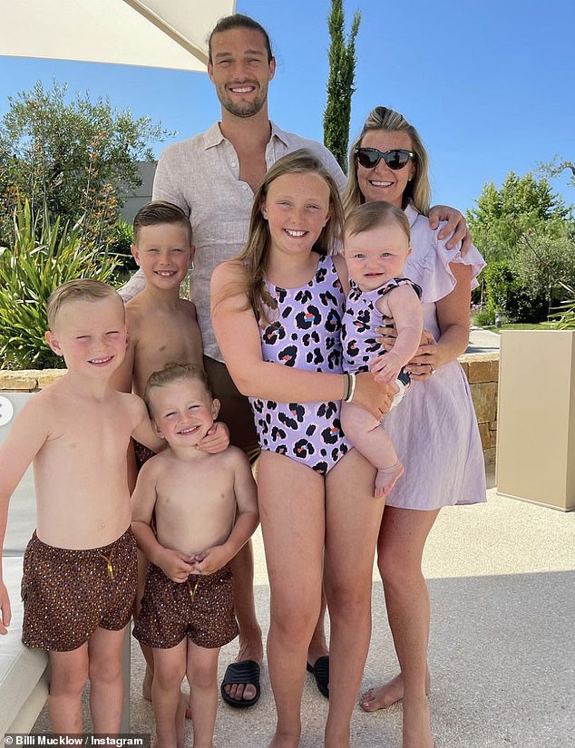 Happy family: Billi and Andy share sons Arlo, six, and Wolf, four, and daughter Marvel, 15 months, alongside Andy's children Emilie Rose, 12, and Lucas, 11, from a previous relationship