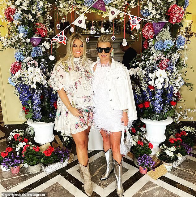 =New bride Billi swapped her flowing wedding dress for a white feather mini dress and silver cowboy boots as she let her hair down for the second day of their wedding festivities (photo with sister Giorgia)