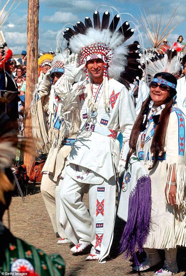 Pictured: Charles becomes Indian Chief Red Crow of the Blackfeet nation during a visit to Canada on July 1, 1977