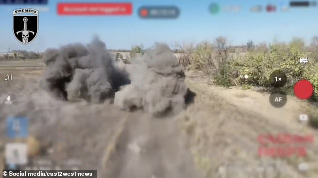 The disturbing video then shows a kamikaze drone exploding, killing all but one of the men running for its life.