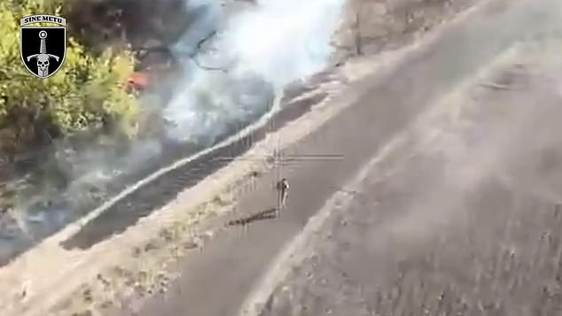 The footage shows one man running ahead of the drone attack and managing to escape the ambush from his own side