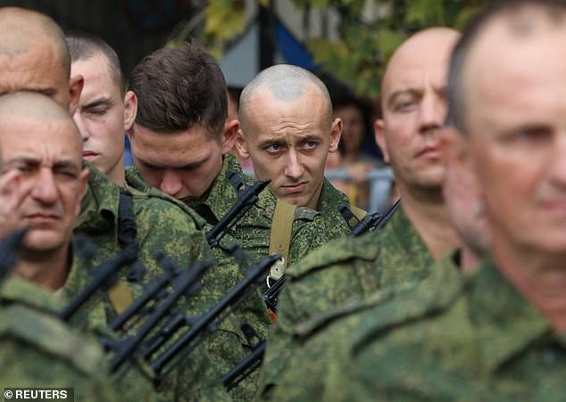 Russian reservists called up during the partial mobilization attend a ceremony before departure to military bases, in Sevastopol, Crimea, September 27, 2022