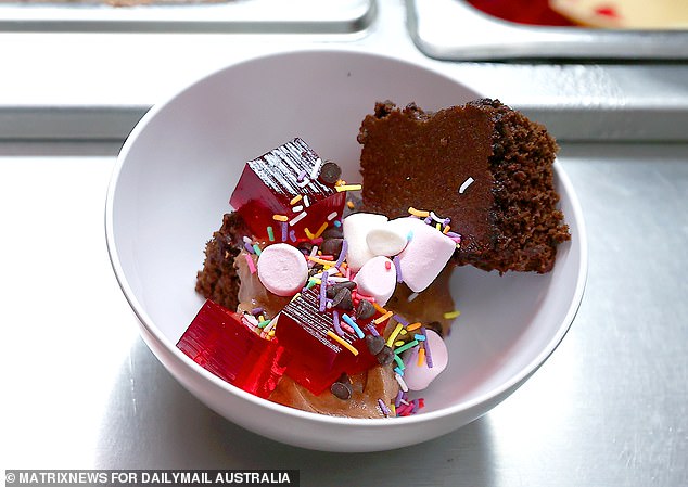 A dessert is finished with Pizza Hut's iconic jelly cubes