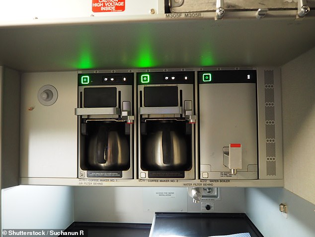 One attendant claims that coffee pots in the galley of an aircraft (above) are taken to the toilets to be emptied and that the pots get 'a bit close' to the toilet, risking creating 'splashing water'.